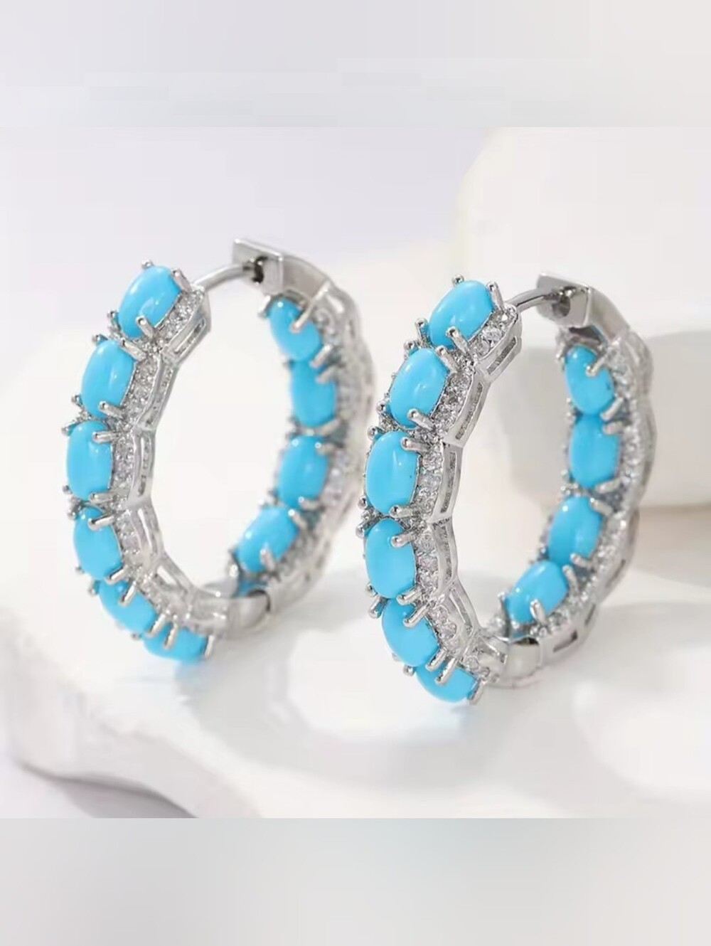 White Rhodium Turquoise Hoop Earrings